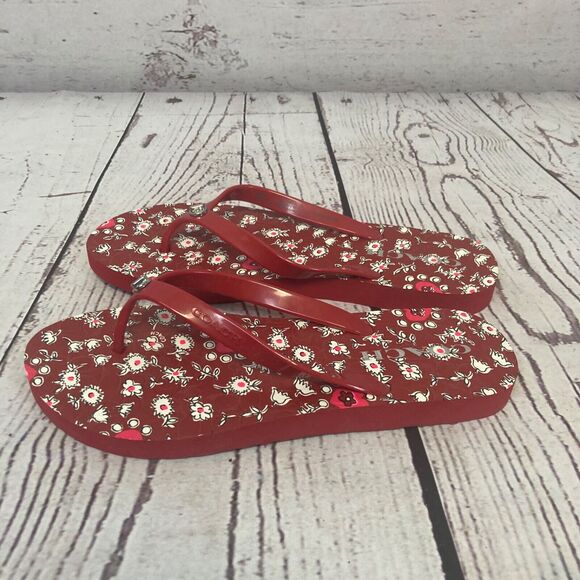 Coach Sandals Womens 8B Red Floral Abbigail Turn-Lock Flip Flops Thongs Logo - Picture 5 of 10